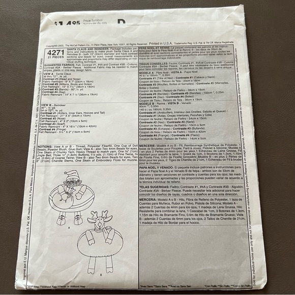 McCall's Sewing Craft Pattern 4271 Cynthia Rose Plush Santa Claus Reindeer Felt - Picture 2 of 5